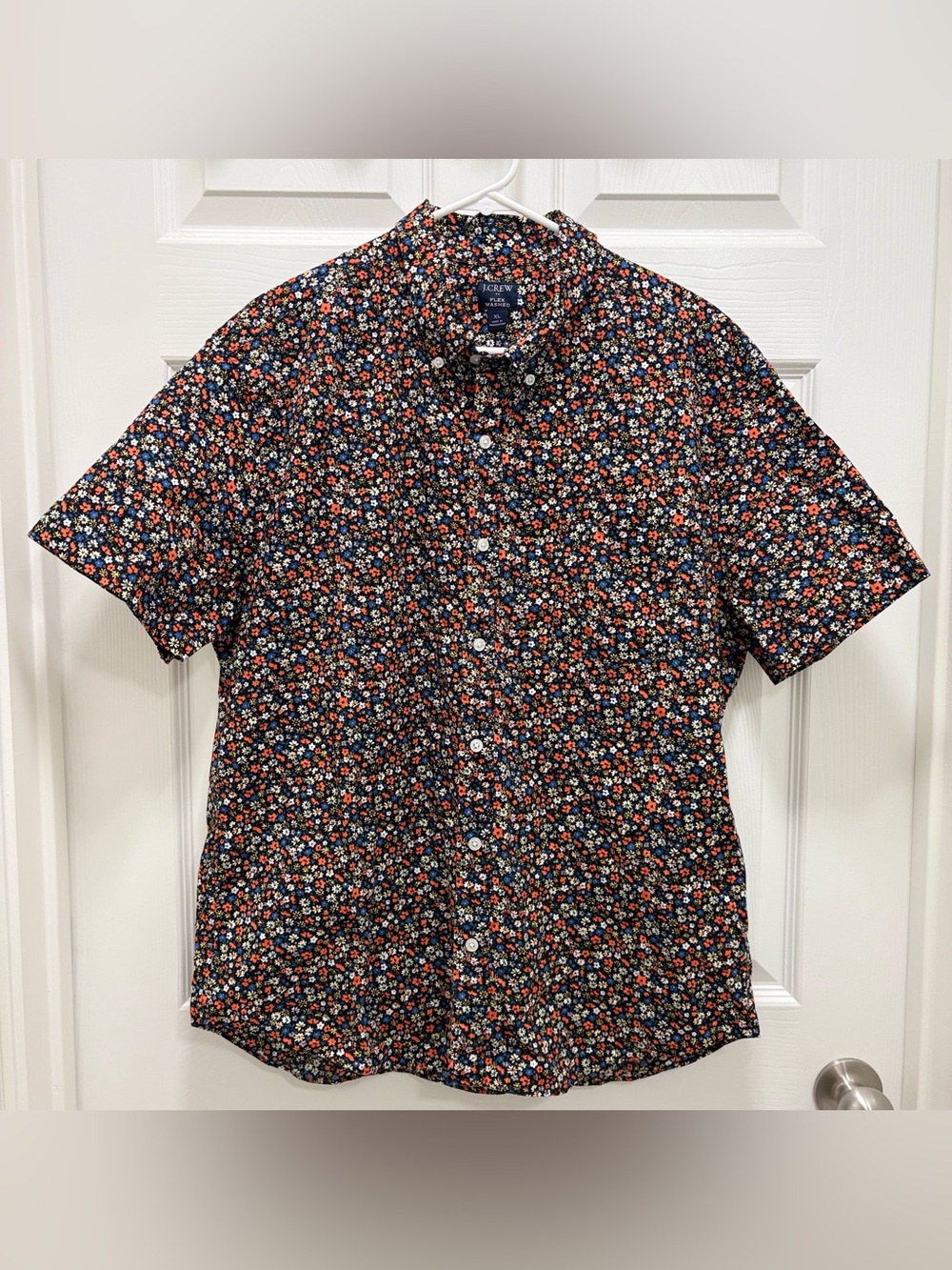 J. Crew Navy Floral Short Sleeve Button-Down Shirt with Red & White Accents